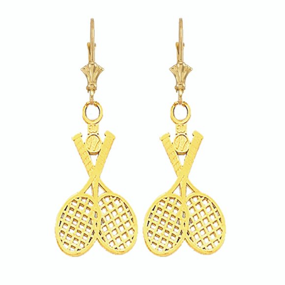 14K Solid Gold Tennis Racquet & Ball Sports Leverback Earrings